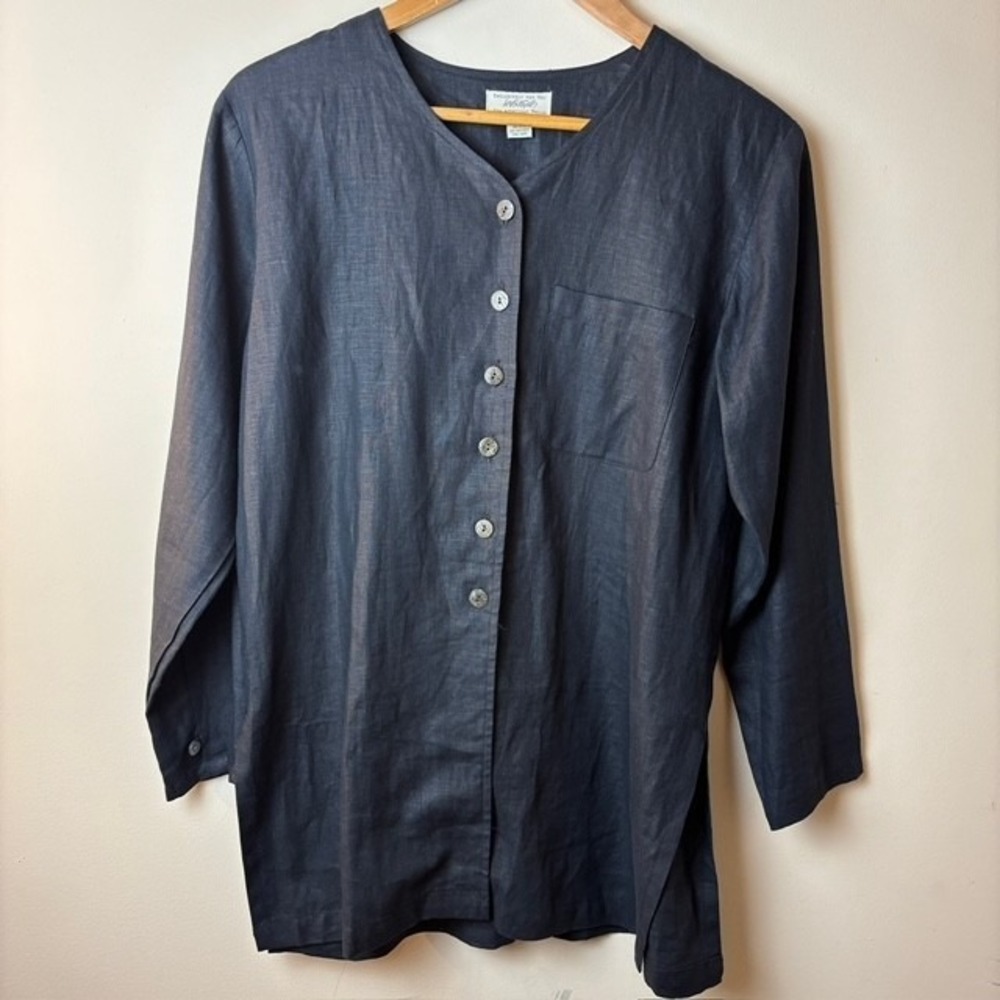 Womens Petite M Lord & Taylor Button Front Tunic Blouse Shirt Navy Blue V-Neck